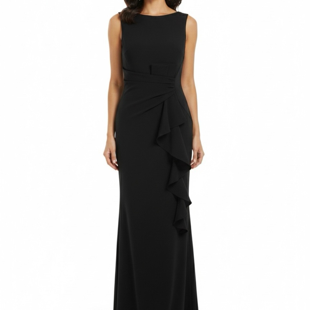 Betsy & Adam Black Sleeveless Ruffled Maxi Dress